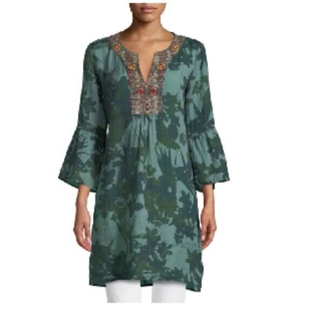Johnny Was Dress Flare Sleeve Camo Size XL Petite Green Boho Linen Embroidered